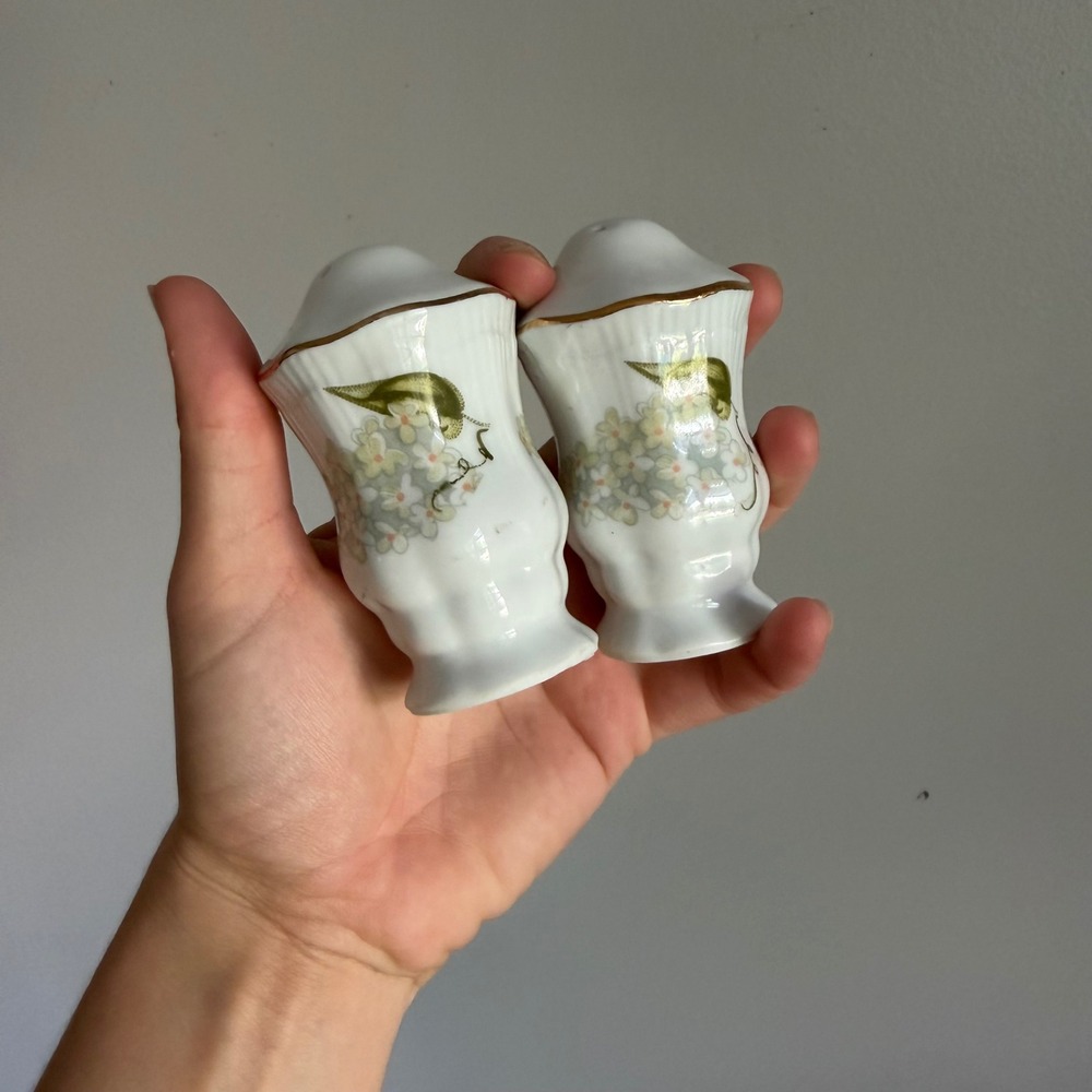 Vintage Pelfa Porcelain Salt and Pepper Shakers White Green Floral Gold Trim